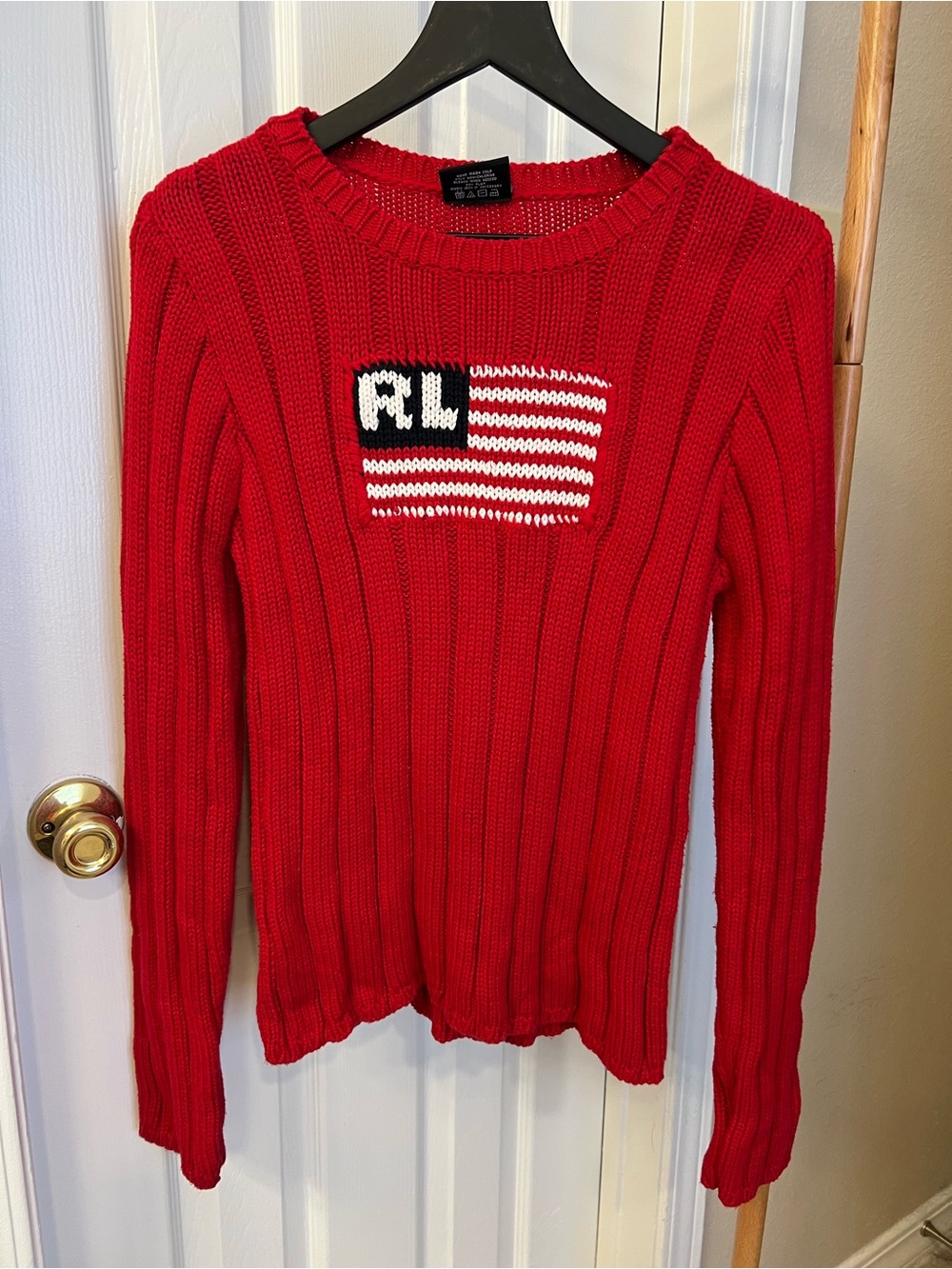 Vintage 90’s Ralph Lauren Red Ribbed Crewneck Sweater with Flag Patch